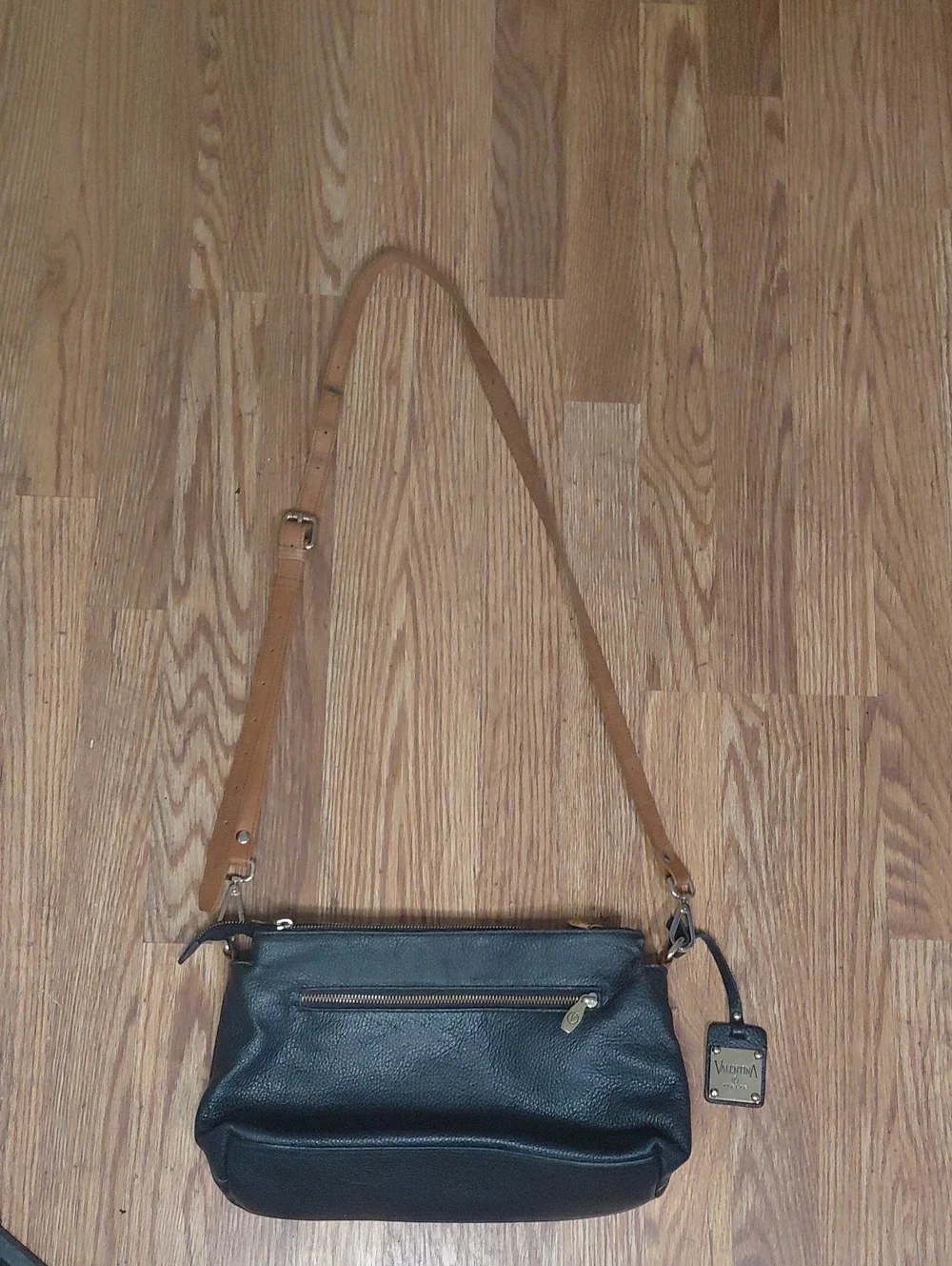 Valentina Black Leather Crossbody with Tan Strap and Gold Hardware